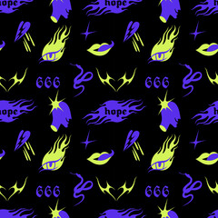 Seamless pattern with Y2k icons or stickers. Brutalist design tattoo compositions or prints. Psychedelic style.