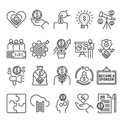 Fototapeta premium Sponsorship line icons set. Business crowdfunding
