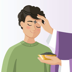 Young man receiving the ash from the priest on ash wednesday celebration
