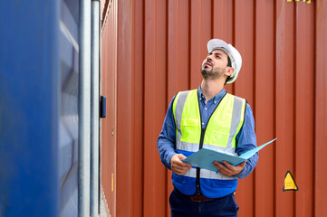 Foreman or Engineer wears white helmet and reflection shirt to control or check inventory details of containers box. Container loading cargo freight in import and export business logistic industry