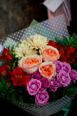 Bouquet of flower arrangement in floristic shops close up.