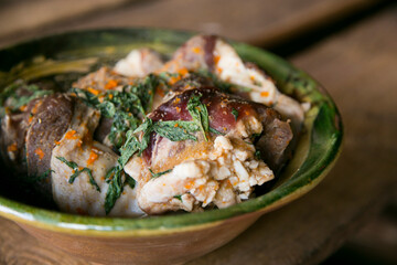 In the pachamanca ceremony, lamb, alpaca, pork and beef are cooked. Also variety of tubers and vegetables. All under hot stones and covered with earth.