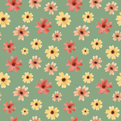 Watercolor seamless pattern with cute yellow and orange flowers. Hand drawn print for wrapping paper design, stationery, scrapbooking.