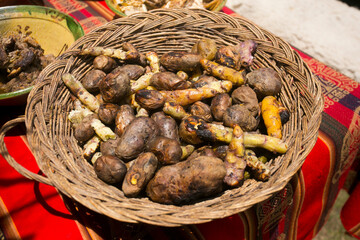 Variety of Peruvian potatoes. In the pachamanca ceremony, lamb, alpaca, pork and beef are cooked. Also variety of tubers and vegetables. All under hot stones and covered with earth.