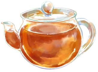 透き通るガラスのティーポットの水彩イラスト(PNG)