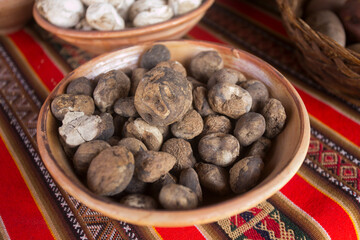 Variety of Peruvian potatoes. In the pachamanca ceremony, lamb, alpaca, pork and beef are cooked. Also variety of tubers and vegetables. All under hot stones and covered with earth.
