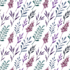 Watercolor seamless pattern with twigs and leaves of purple and green flowers. Hand drawn texture for design decoration.