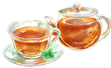 茶葉の舞うガラスのティーポットとミントを添えたティーカップの水彩イラスト(透過PNG)