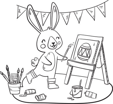 A sweet little bunny painting a picture of an Easter Egg. This vector line art is black and white and is perfect for kids to color.