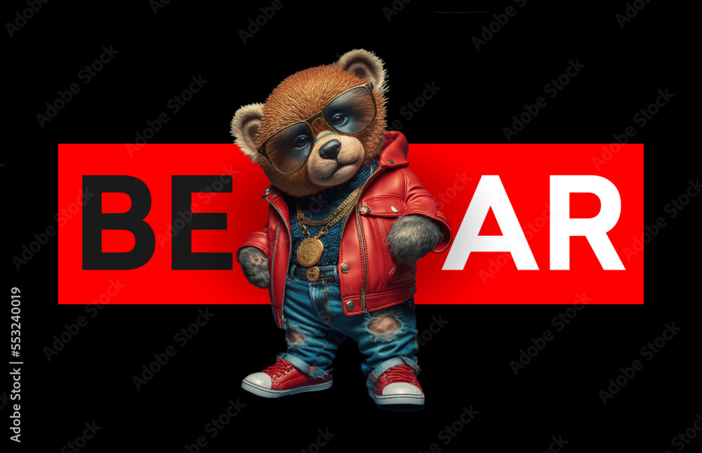 Canvas Prints The bear is standing in a red sweater with a gold chain around his neck, blue jeans and sunglasses, sneakers on his feet. Vector illustration