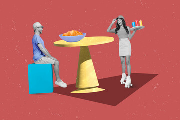 Composite collage picture of black white gamma waiter girl serving customer guy cafe isolated on creative background