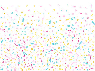 Memphis style geometric confetti background with triangle, circle, square, zigzag and wavy line