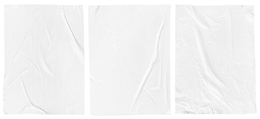 White crumpled and creased glued paper poster set isolated