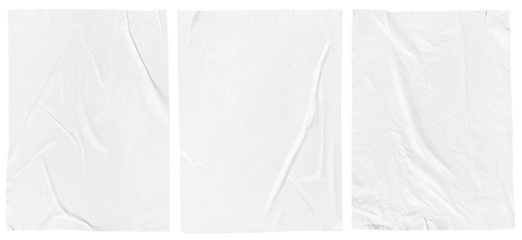 White crumpled and creased glued paper poster set isolated