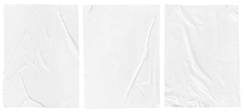 White crumpled and creased glued paper poster set isolated