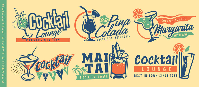 Cocktails and drinks set of creative banners and labels with popular alcoholic beverages. Cafe bar or cocktail lounge logos and signs collections. Vector illustrations of drinks and fruits glasses.