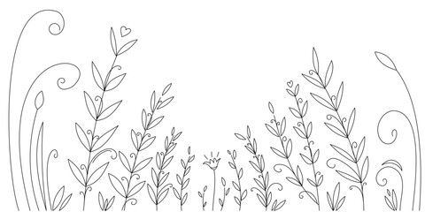 vector linear floral background. A field with a single flower in the center and various grasses, curlicues, leaves.
