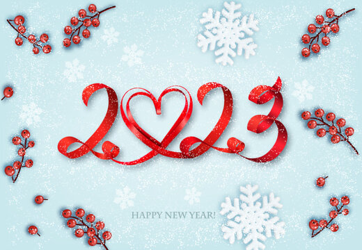 Merry Christmas and Happy New Year Background with 2023 letters and heart made from red ribbon, snowflakes and red berries. Vector