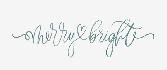 Isolated vector watercolor hand lettered holiday merry and bright phrase. Quirky hand written calligraphy Christmas or xmas text on a white background.