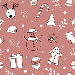 Christmas wrapping paper with Xmas icons. Seamless pattern. Vector