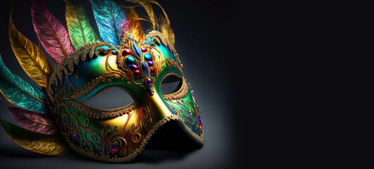 Mardi Grass Golden Carnival Mask with Feathers, Beautiful background for greeting cards, party invitation, banner, flyer or poster