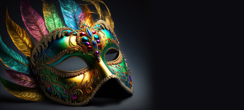 Mardi Grass Golden Carnival Mask with Feathers, Beautiful background for greeting cards, party invitation, banner, flyer or poster