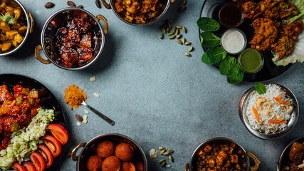Assorted indian food on stone background. Dishes of indian cuisine. Curry, butter chicken, rice, lentils, chutney, spices. Space for text. Bowls and plates with indian food