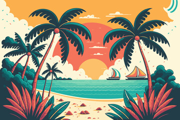 tropical summer beach ocean sunset and sunrise view cartoon vector illustration