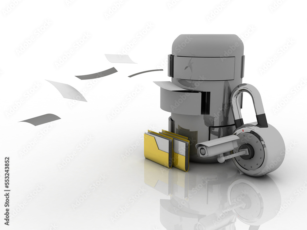 Poster 3d rendering folder connected to database lock under cctv camera