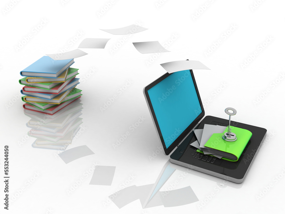 Poster 3d rendering folder on laptop with key protection near book