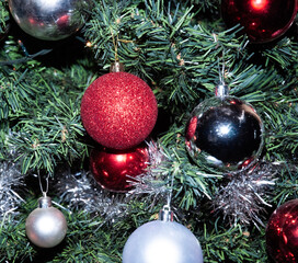 Close-up of Christmas tree with ornaments.