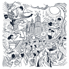 Vector black and white fun coloring page with business people in Miami