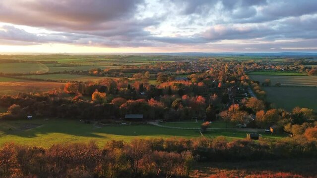 4K drone Aerial video establishing shot of countryside in Oxfordshire at dusk