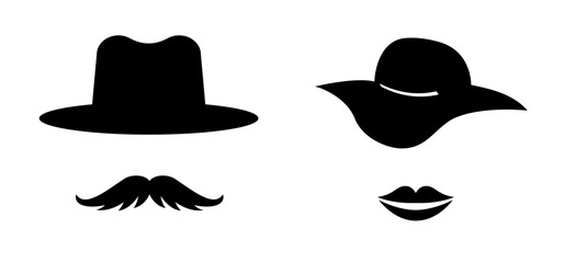 Cartoon lady and gentleman. Vector man and Woman hat. Hat and hipster moustache. Man face, barber, mustache or beard. Or restroom or bathroom for man and woman for man and woman toilet, wc.