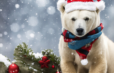 christmas polar bear in the snow in santa hat wearing a scarf, christmas themed background, falling snow