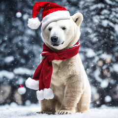 christmas polar bear in the snow in santa hat and red scarf,  falling snow