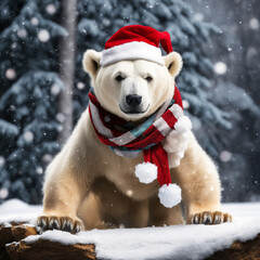 christmas polar bear in the snow in santa hat and red scarf, falling snow
