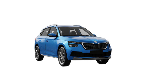 SKODA KAMIQ, 3d rendering of light blue SKODA car on isolated white background, transparent PNG background