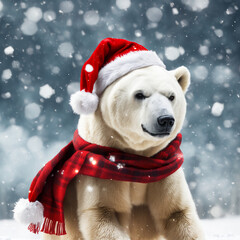 christmas polar bear in the snow in santa hat and red scarf, falling snow