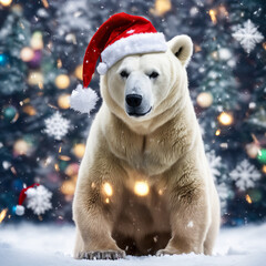 christmas polar bear in the snow in santa hat, christmas tree in the background, falling snow