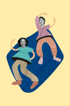 Vertical collage picture of two excited positive girls drawing body enjoy dancing isolated on painted background