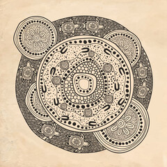 Grey aboriginal art illustration with turtle