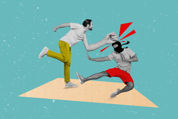 Creative collage picture of two black white colors guys fighting jumping isolated on painted background