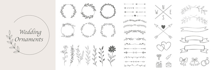 Hand Drawn Wedding Ornamental Elements Collection. Vector Graphic set of elements for invitations and greeting cards. Classic vintage design. Dividers, hearts, map elements, flowers, ornaments.