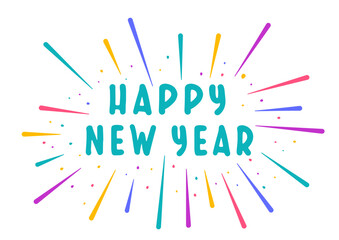 Happy New Year lettering with fireworks. Vector illustration