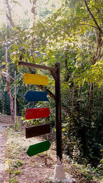 Placas de sinaliza&ccedil;&atilde;o coloridas em um parque florestal