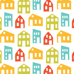 Childish pattern with cute houses . Kids print with a city. Vector illustration in cartoon style. Flat style.