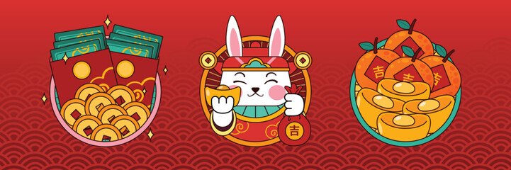 Chinese Zodiac, Rabbit With Golden Nuggets, Coin, Red Evelope, Orange, Vector, Illustration, Translate : Lucky