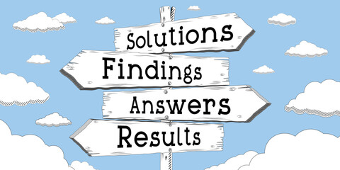 Solutions, findings, answers, results - outline signpost with four arrows