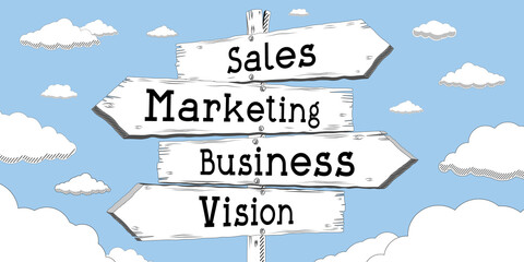Sales, marketing, business, vision - outline signpost with four arrows